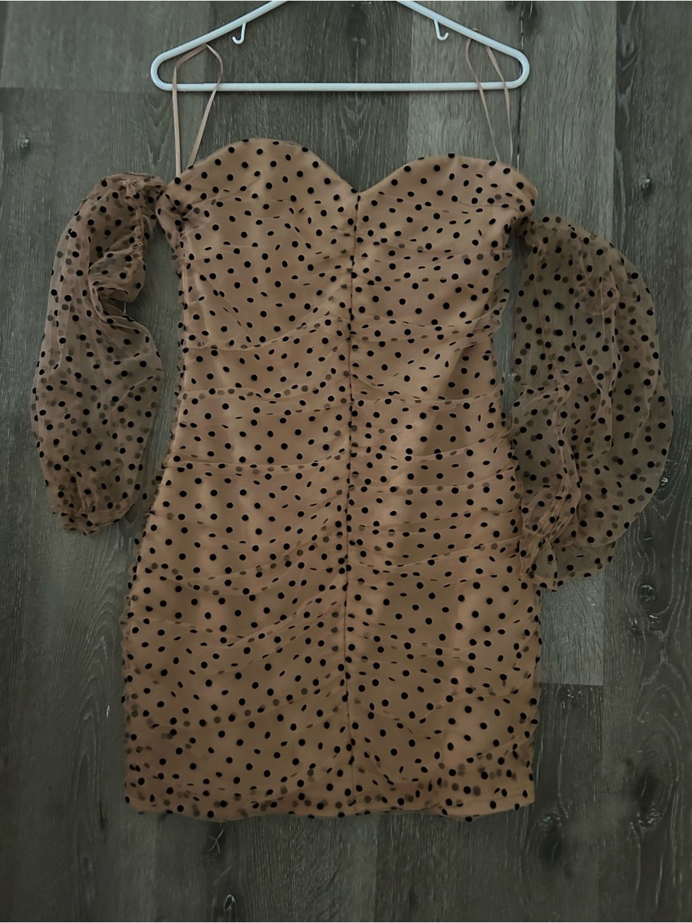 Vici Tan Polka Dot Off-Shoulder Mini Dress with Puff Sleeves